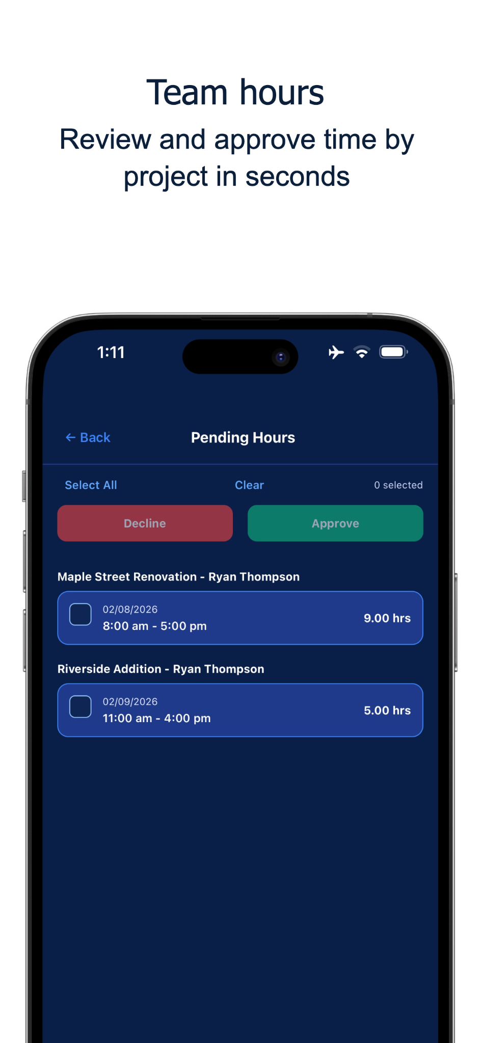 Pending hours screen with approve and decline controls for team time entries