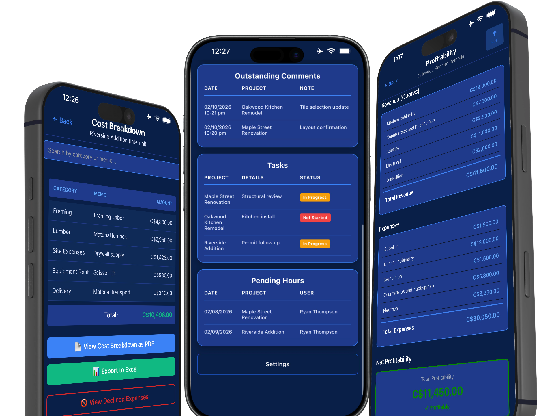 AxionBuild app showing command center, profitability, and project dashboard across three phones